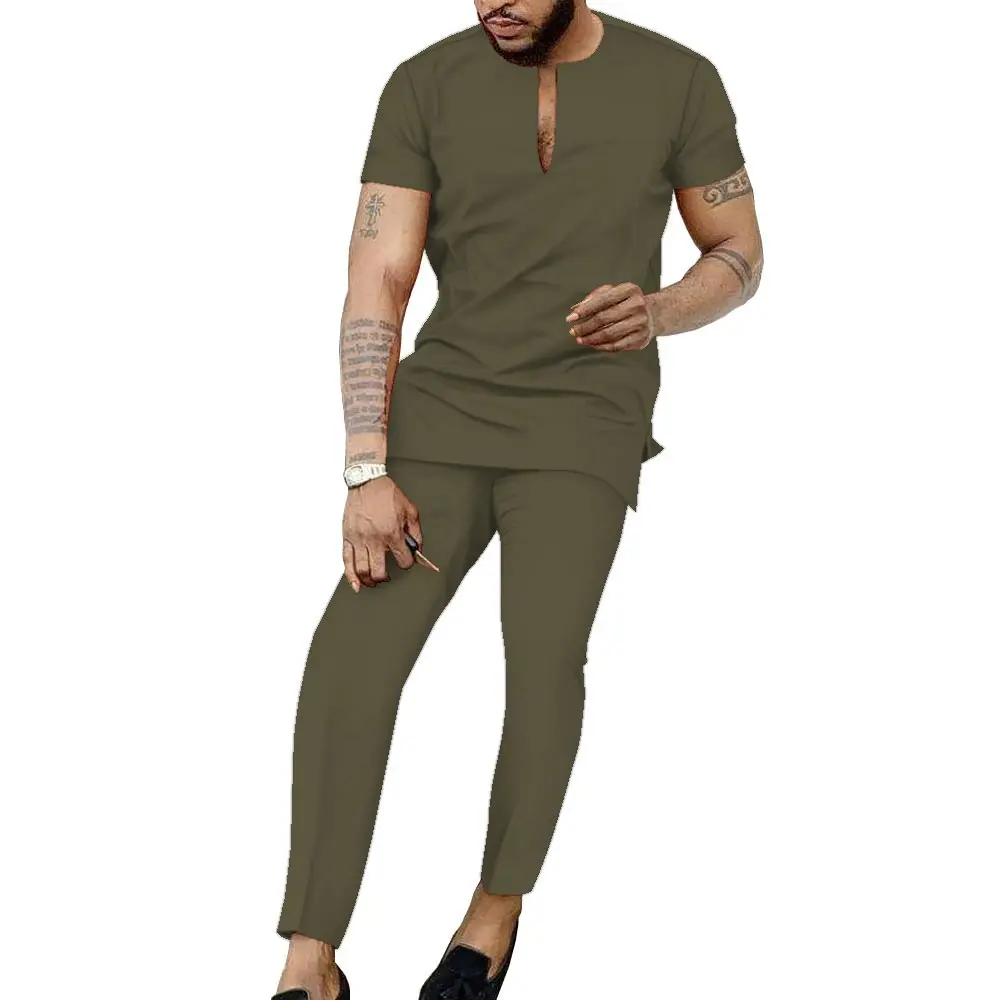 

African Men's Short Sleeved Solid Color Set, Business Casual Men's Top and Pants Two-piece Set, Traditional Clothing WYN1853