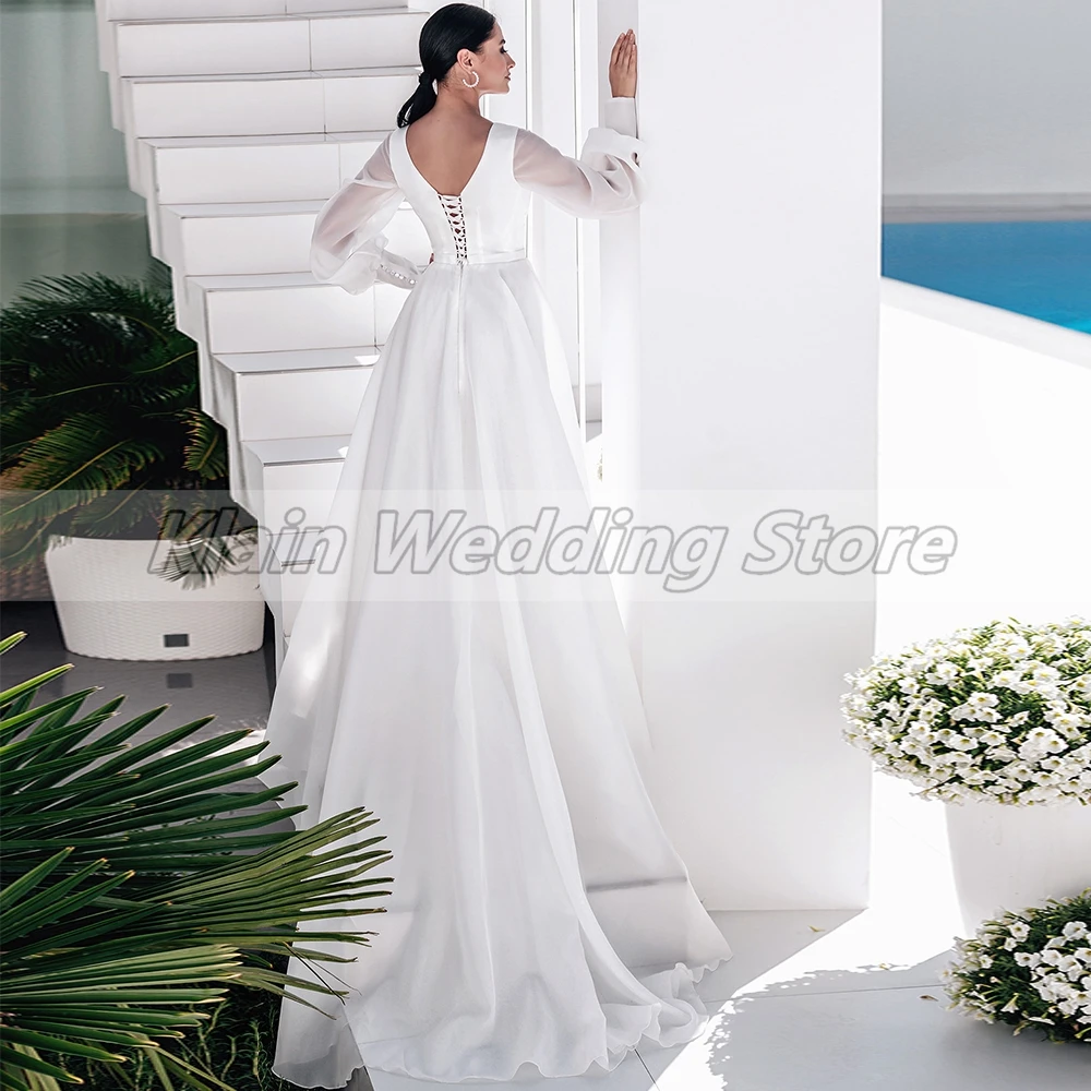 Personalizzato Weilinsha Bianco Semplice A-Line maniche lunghe Abiti da sposa in chiffon Scollo a V Corsetto Corte dei treni Lace Up Back Bridalde