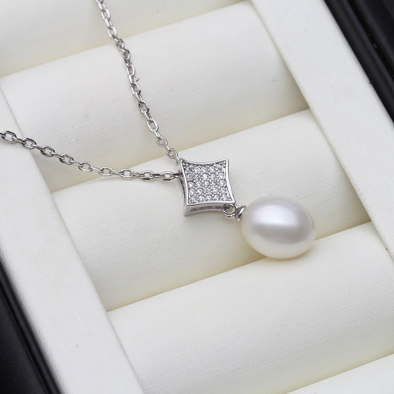 

Wedding Sterling Silver Pearl Necklace for Women,Cute Natural Freshwater Single Pearl Pendant Mother Wife Birthday Gift White