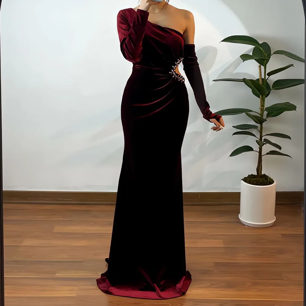 Detachable Sleeve Velour One Shoulder Long Sleeves Floor Length Straight Evening Dress Panel Train Zipper Back Crystal Fashion