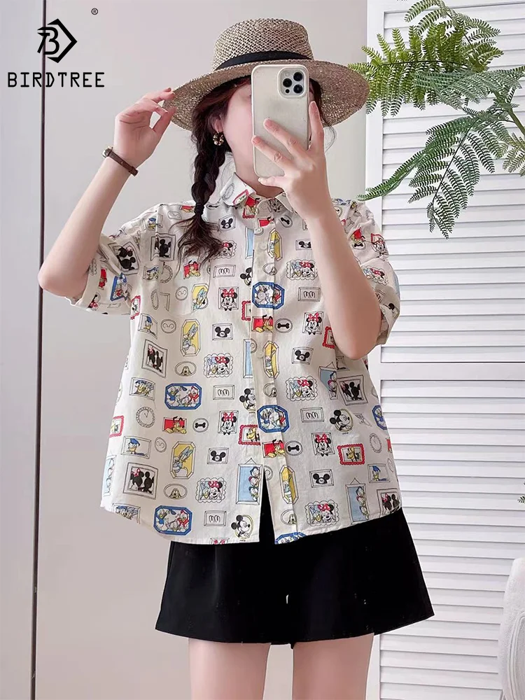 New Spring Cotton Fashion Cartoon Printed Tops Cotton and Linen Shirt Women\'s Short Sleeved Loose Blouse 2024 Summer T44411QH