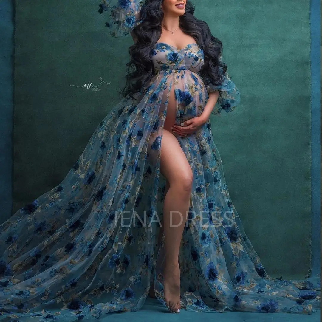 Sexy Transparent Blue Flower Maternity Photography Dress Plus Size A-line Pregnancy Gown for Pregnant Women Photoshoot 2024