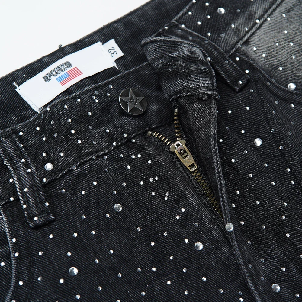 جديد الدينيم فضفاض ممزق الجينز مع أحجار الراين ريترو خمر شارع العليا نمط الهيب هوب مستقيم بنطلون الشارع الشهير الجينز للرجال