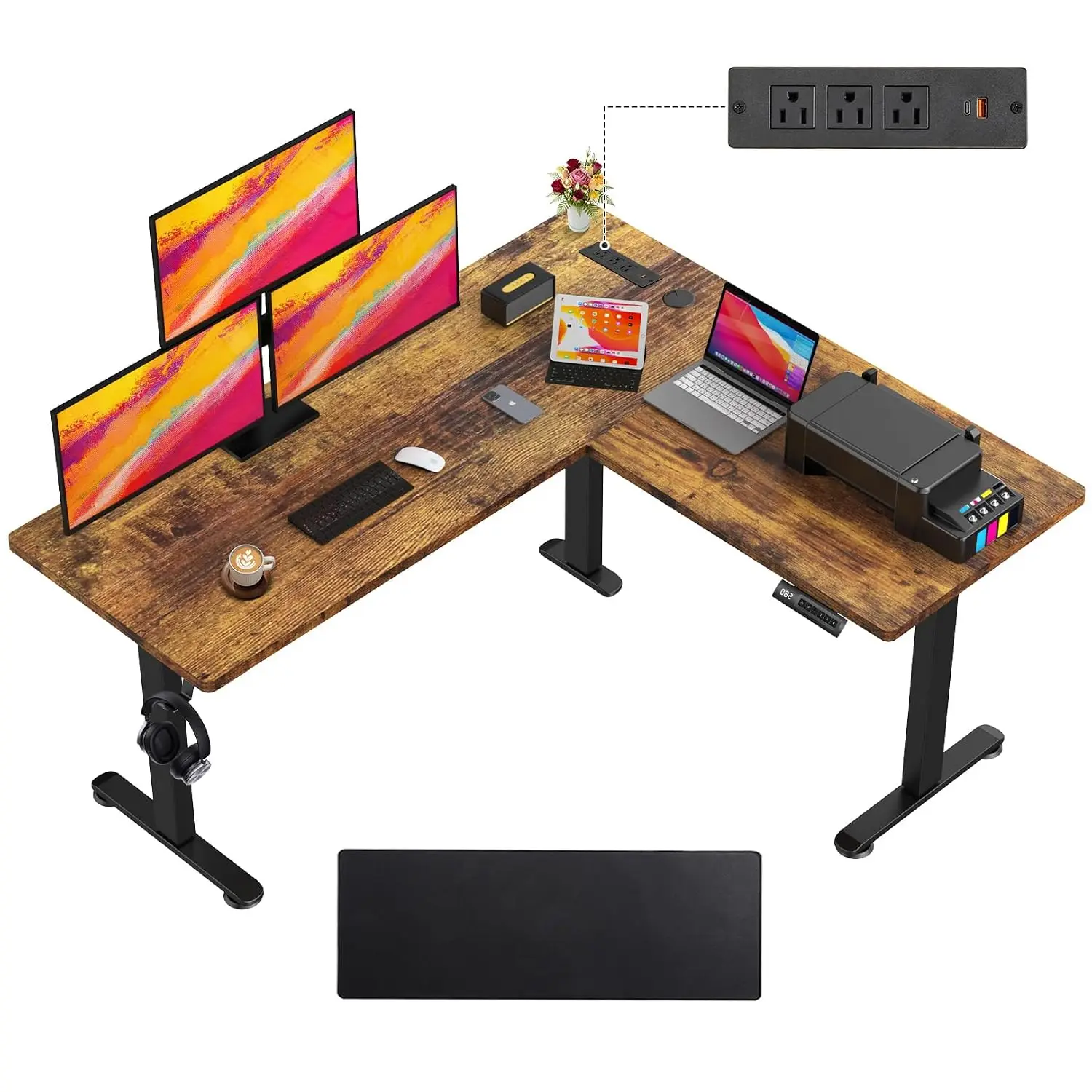 L Shaped Electric Standing Desk with Outlets, Adjustable Height Corner Workstation with Mouse Pad & Hook, 63x55 Inch, Customized