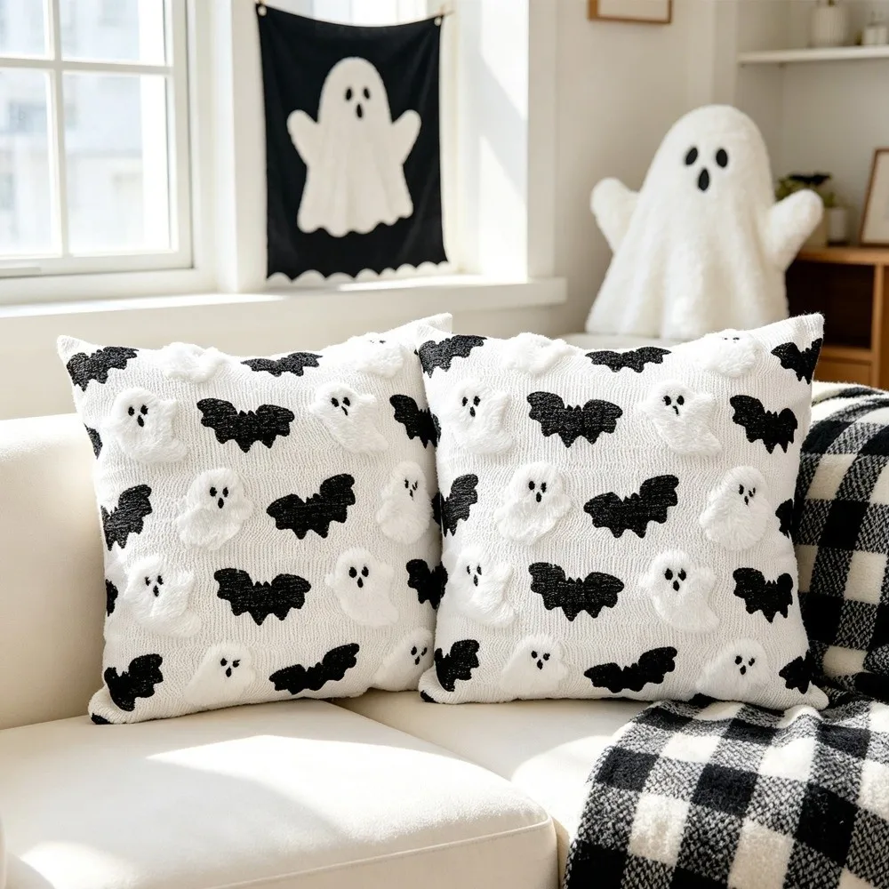 Halloween Throw Pillow Cover Ghost Black Bat Washable Decorative Pillowcase Square 45X45CM Stuffed Pillow Case Holiday Decor