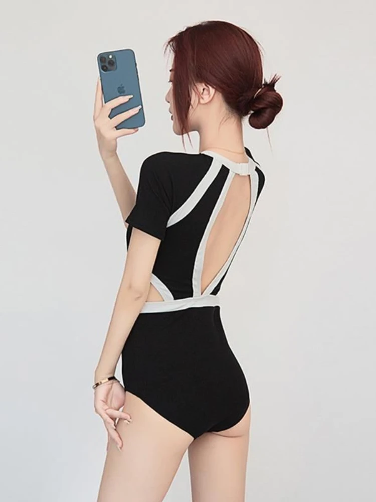 Cover-ups Women One-piece Short Sleeve Conservative Swimwear Students Simple Summer Beach Bath Girlish Korean Style Classic BF