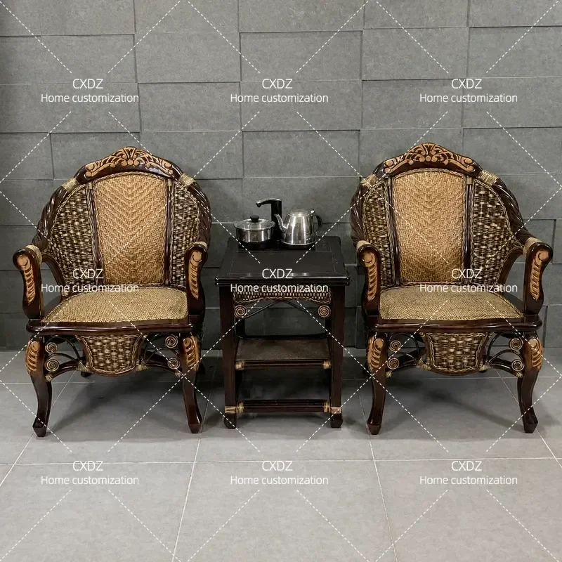 Retro Natural Real Rattan Backrest Single Chair Balcony Leisure Solid Wood High End Bamboo Rattan Chair Three Piece Set