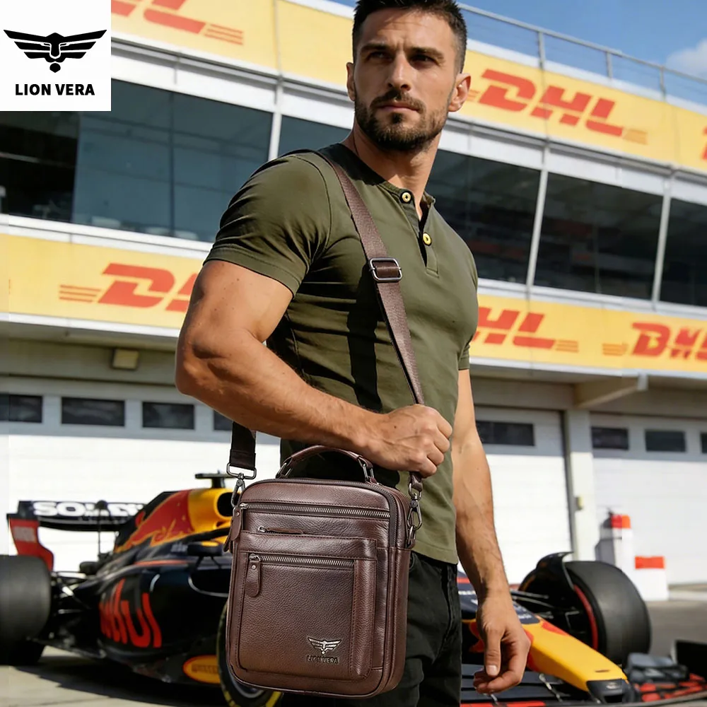 LION VERA Men's Shoulder Bag Casual Mobile Phone Zipper Bag Large Capacity Business Genuine Leather Travel Crossbody Bag view 4