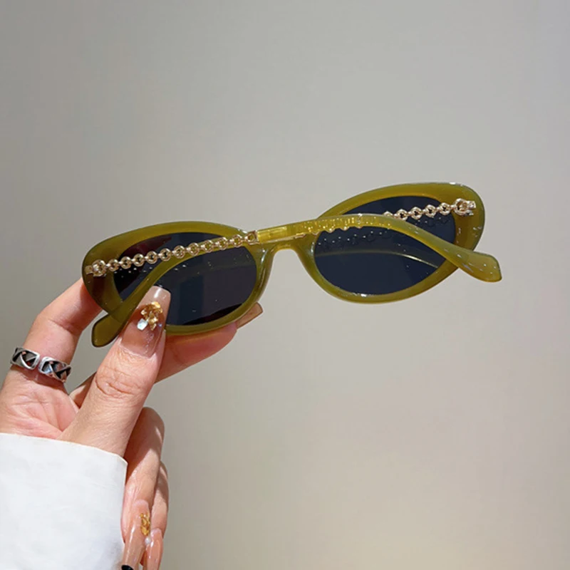 Luxury Brand Designer Small Frame Oval Sunglasses Women For Men Vintage Fashion Sun Glasses Trendy Punk Metal Chain Shades UV400