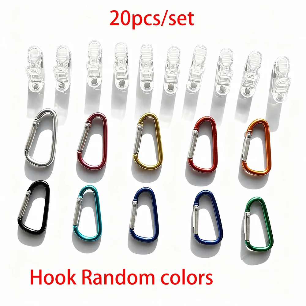 Outdoor Tent Clips, Outdoor Camping Canopy Hooks, Windproof Paracord Clips, Transparent Alligator Clips 10+10 Random Colors D-Ring Connectors, Multi-Purpose Tent Clips, Strong Grip, Suitable for Outdoor Camping Tent Fixing, Sunshades, Outdoor Camping and Car Covers, Essential for Outdoor Camping, Sturdy Structure