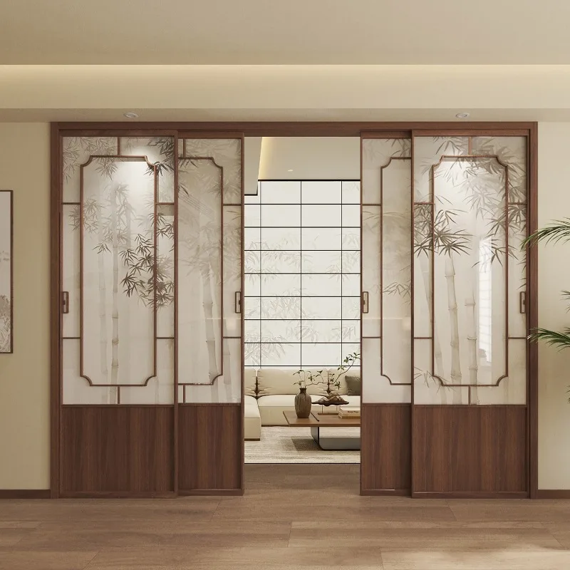 Aluminum bamboo shadow sliding door living room kitchen study tea room partition door, glass sliding door