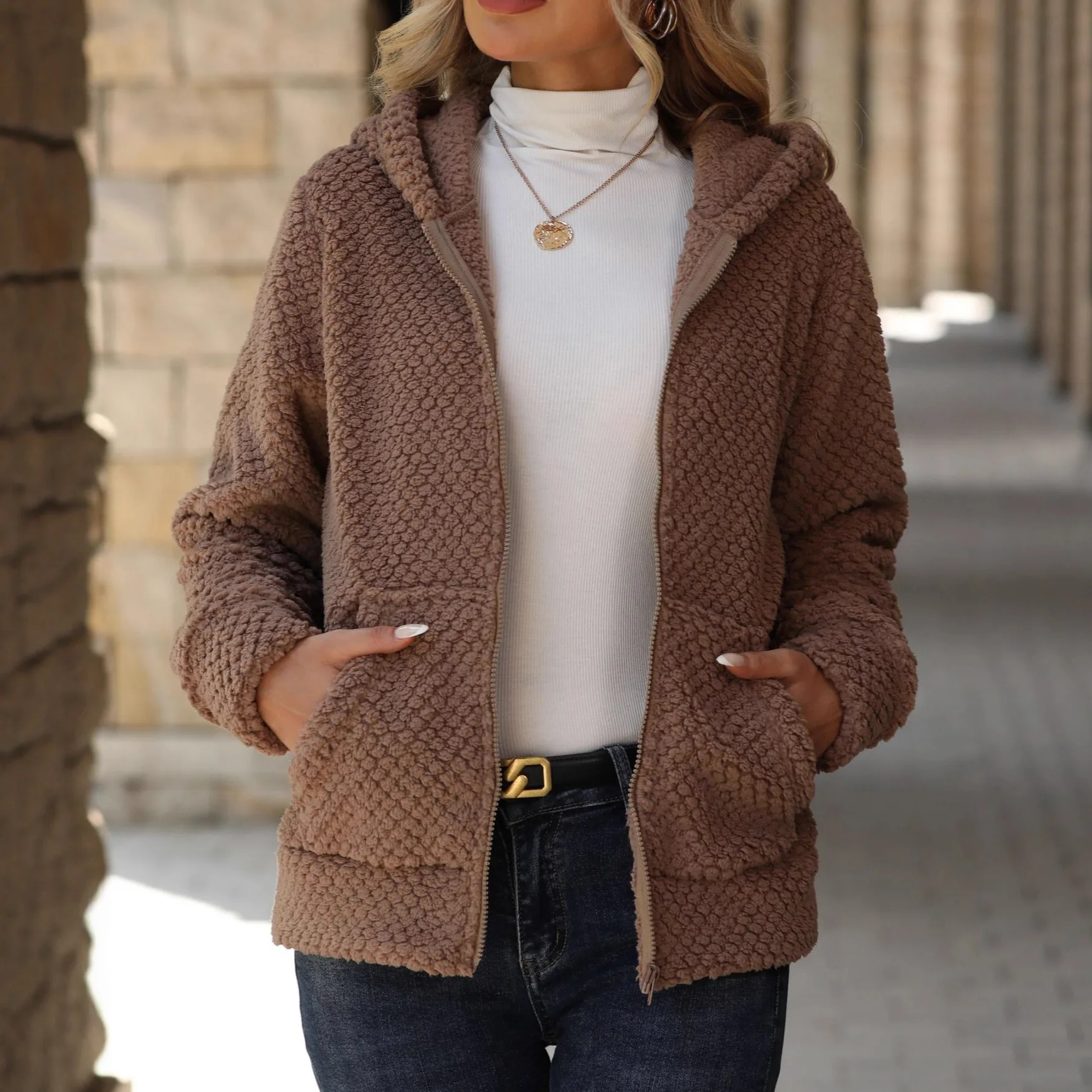 

Fashion Zipper Hooded Jacket Women Solid Color Autumn Casual Loose Pocket Plush Jacket For Women 2025