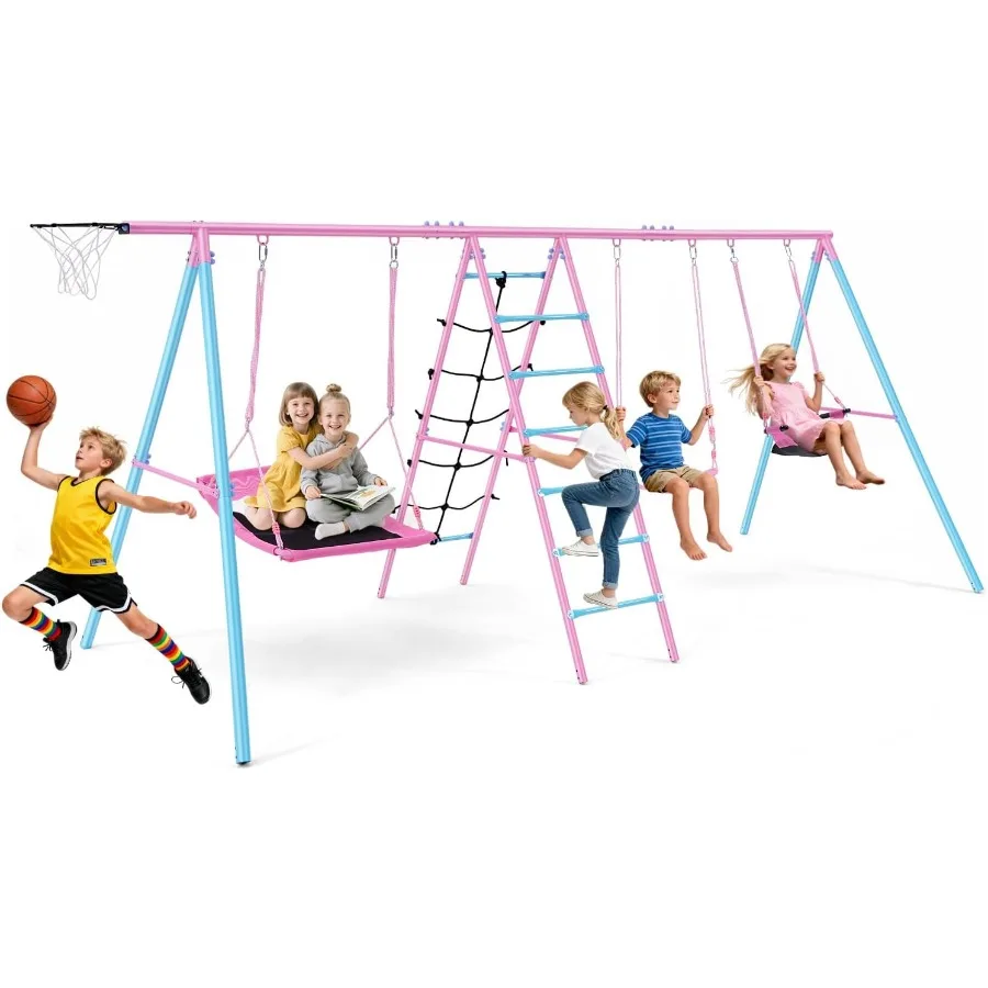 

Heavy Duty 6-in-1 Outdoor Swing Set for Backyard 3-12 Years with Basketball Hoop 3 Adjustable Swings Climbing Ladder Net Large