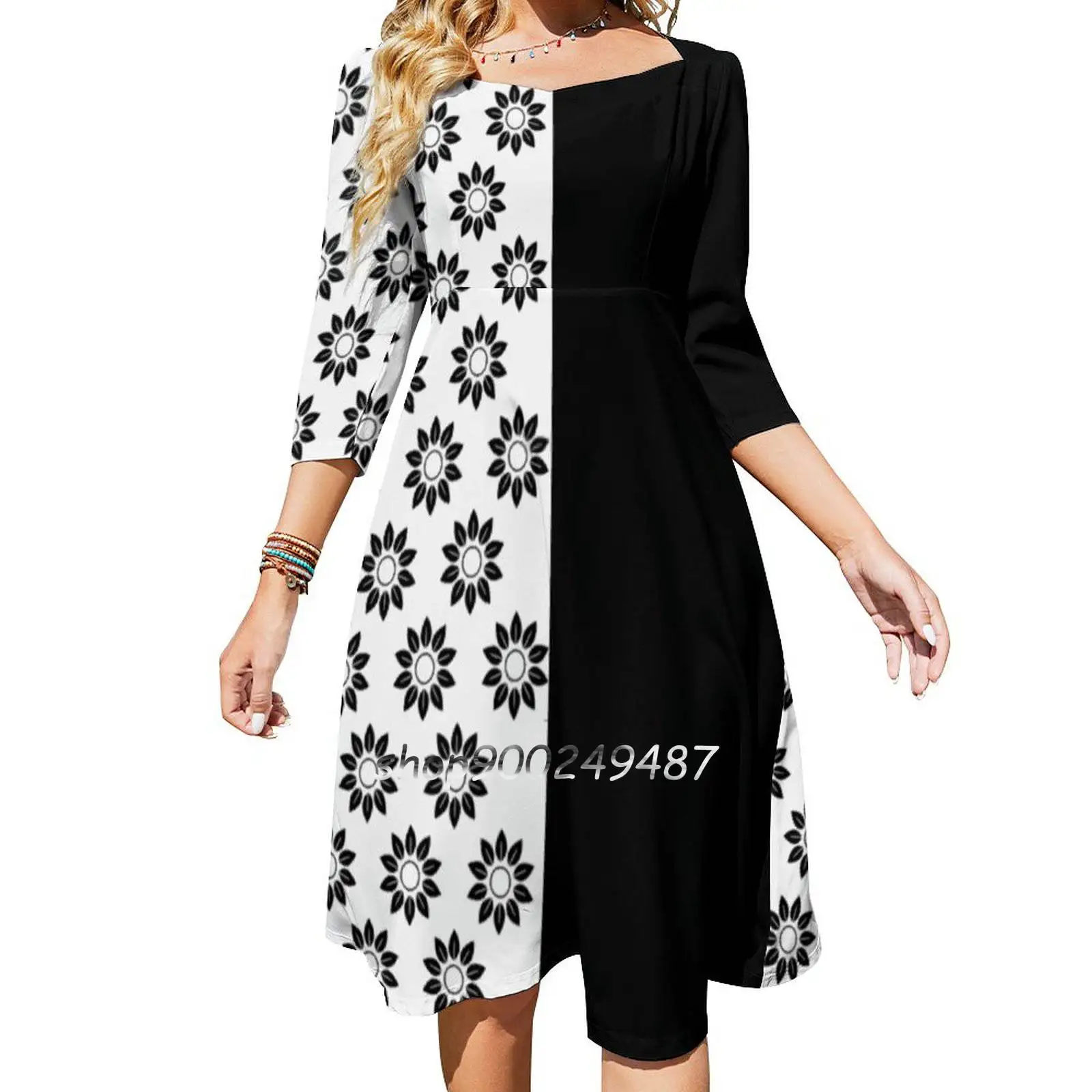 Style Black And White Evening Party Dresses Midi Sexy Dress Female Sweet One Piece Dress Korean Flowers Daisy Black White Love