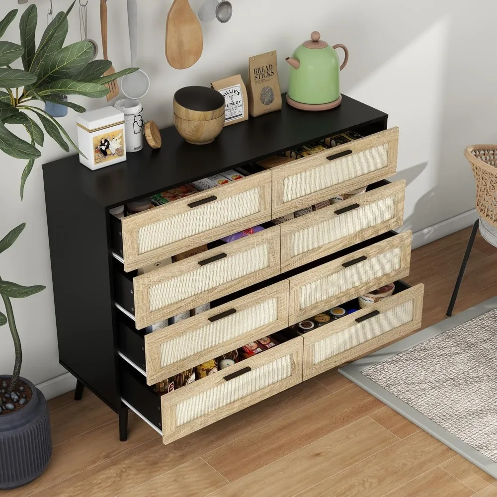 Wooden Rattan Dresser with 3, 6, or 8 Drawers - Spacious Storage Chest for Bedroom or Nightstand Use
