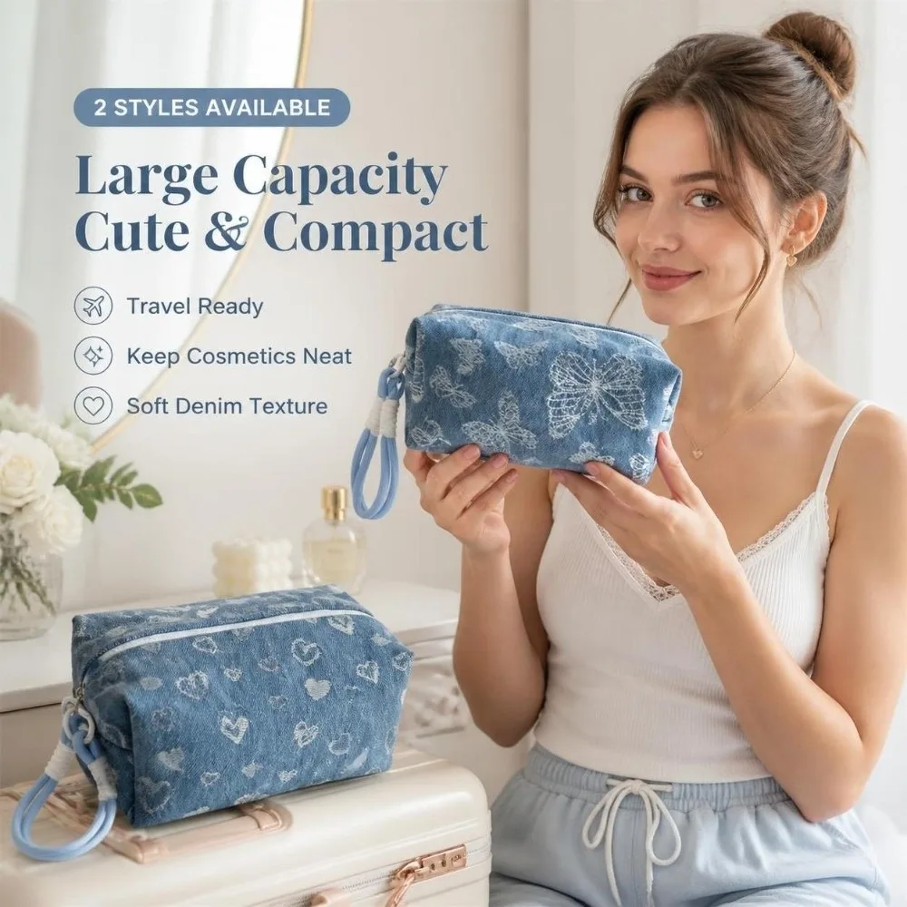 Large Capacity Butterfly Print Cosmetic Pouch Heart Puffy Storage Pouch Organizer Washable Zipper Travel Toiletry Bag for Women
