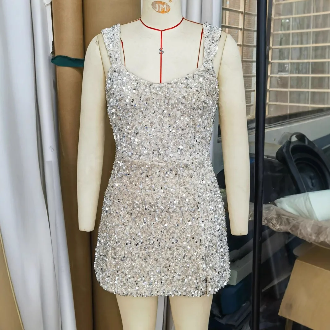 Women low Slit Dresses Summer Shiny Sequins Evening Dress Sexy Elegant party dresses Cocktail Short birthday Prom Dresses XSY225