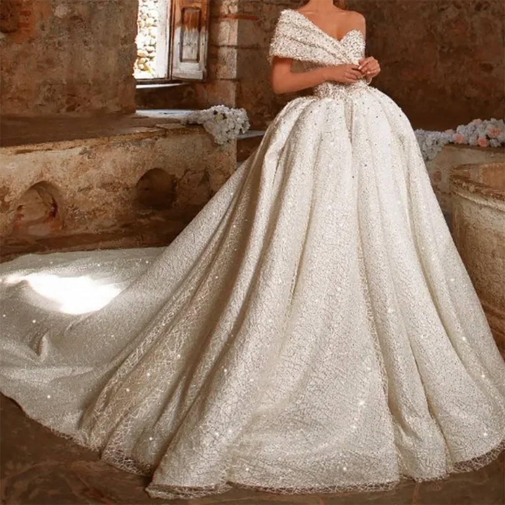 

Luxury Off Shoulder Beading Sequined Pleat A-Line Bride Wedding Dresses Bridal Gowns Customized