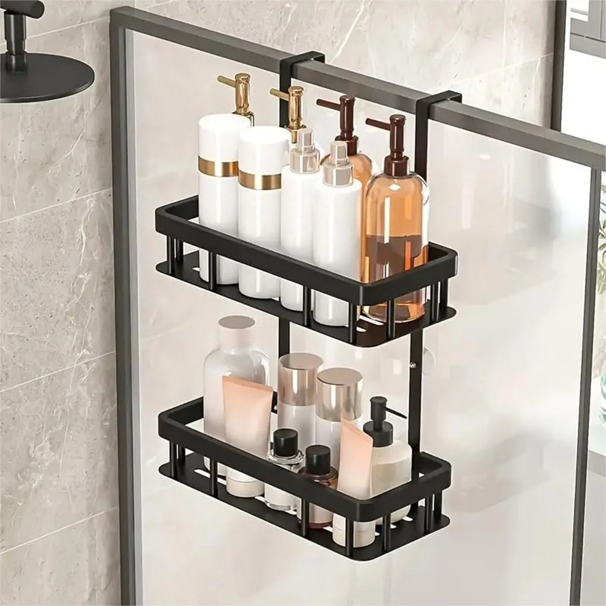 

Over Door Shower Caddy, Rustproof Black Bathroom Organizer, 2-Tier Storage Rack with 11.81x5.31 Inch Shelves, No Drilling