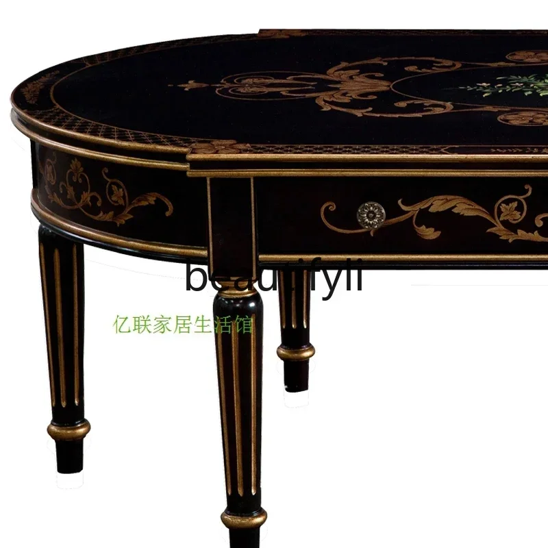 D178  European hand-painted tulip solid wood birch sticker gold foil black coffee table with drawer
