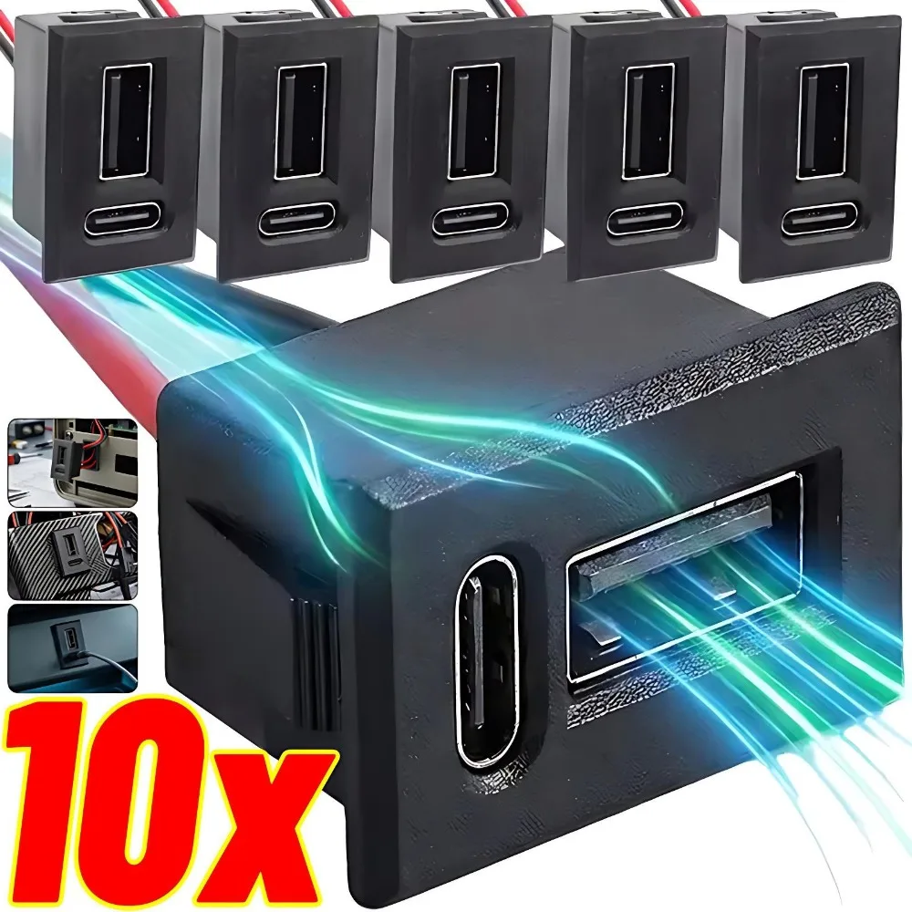 Automotive Dual Type C USB Socket Panel Mount Charging Power Outlet 20V 3A Receptacle for RV Marine Medical Smart Device Part