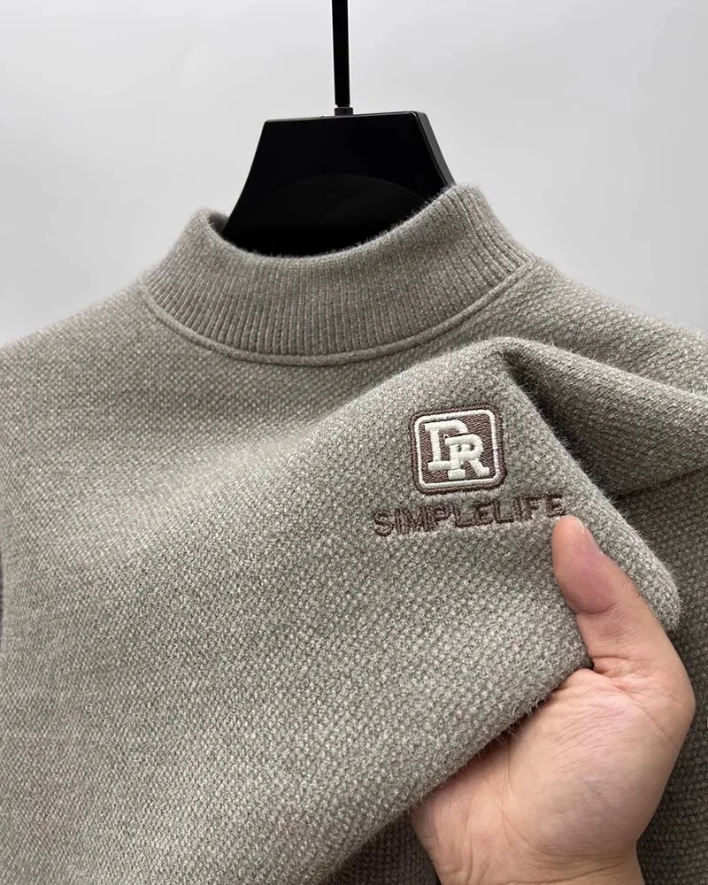 

High quality plush warm round neck sweater men's winter new trend brand letter embroidery Korean style casual knitted pullover