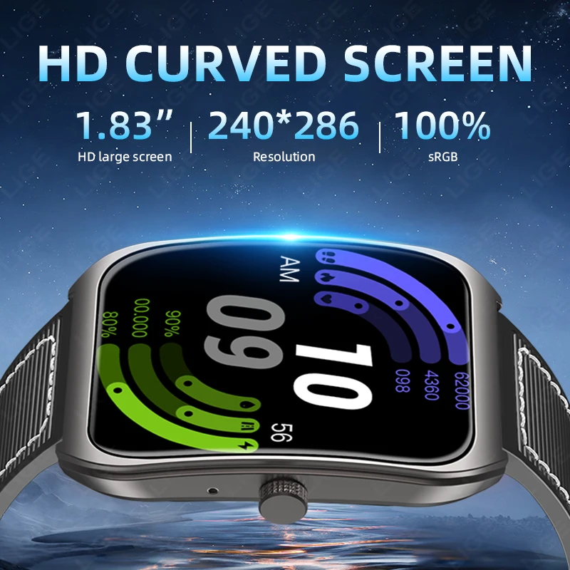 LIGE 1.83'' HD Curved Screen Smart Watch Men Women Bluetooth Call Watches Custom Dials Heart Rate Sleep Monitor Sport Smartwatch