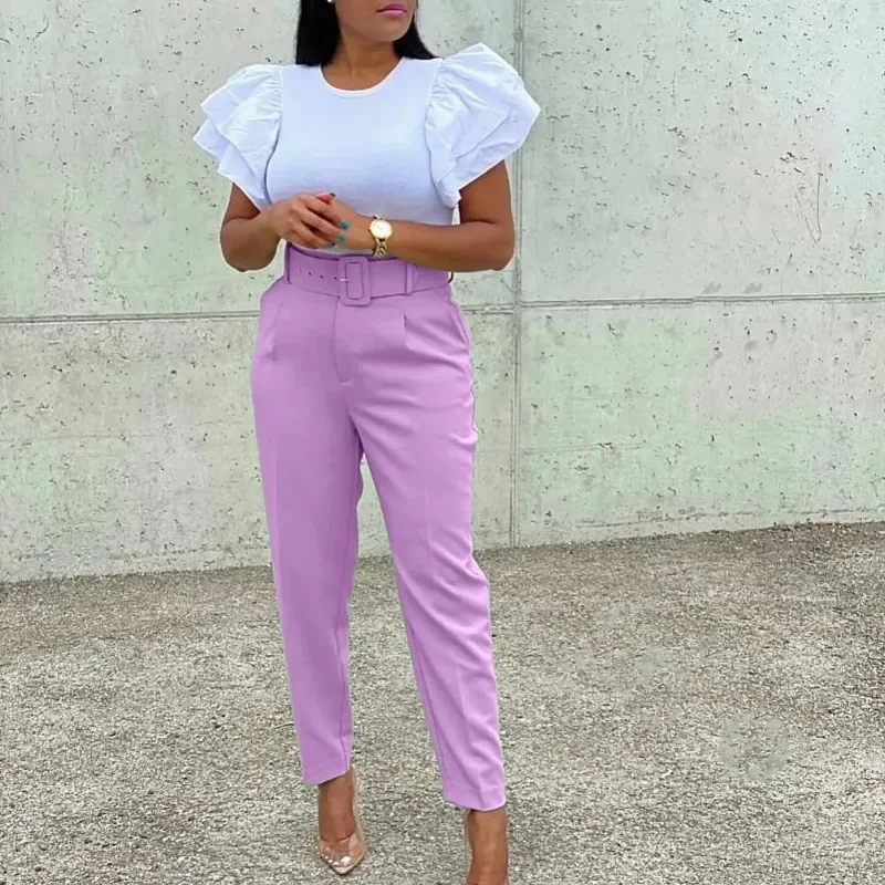 African Women Chic Fashion With Seam Detail Office Wear Pants Vintage High Waist Ziper Fly Female Ankle Trousers Mujer With Belt