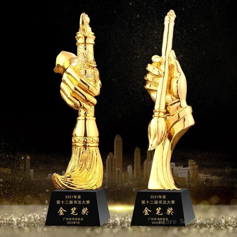 Customized Resin Styling of Brush Award School Calligraphy Painting Awards, Home Decoration Bottom Sculpture Crystal Trophy, 1Pc