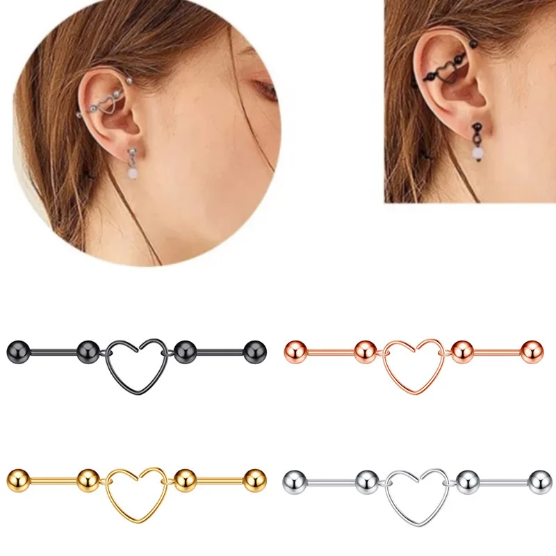 1pc Heart Floating Chain Industrial Barbell Stainless Steel Pierced Spiral Tragus Cartilage Earrings 16G Simple Style Jewelry