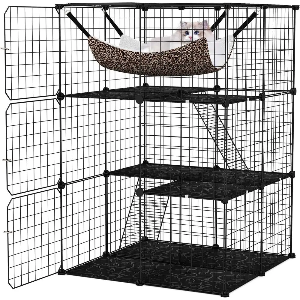 

3-Tier Indoor Metal Cat Enclosure with Large Hammock, 2 Ladders, 4 Lockable Doors, Suitable for 1-3 Cats, Anti-Toppling Kit Incl