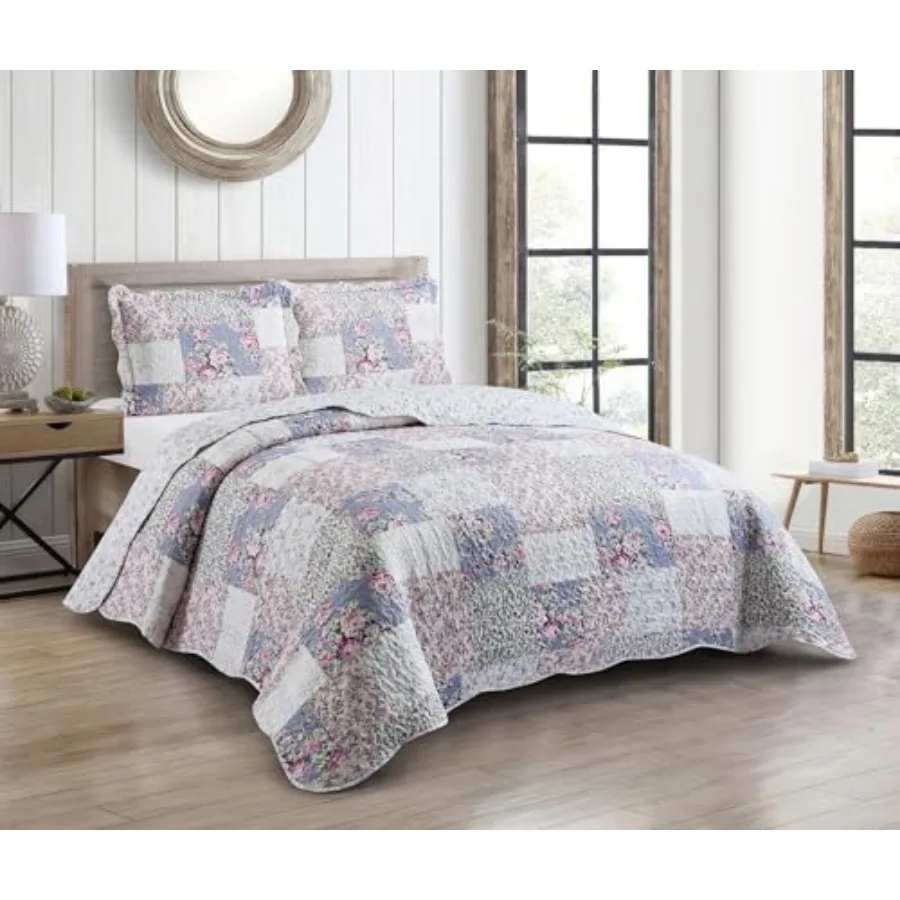 

Roses Toile 3-Piece Bedding s Traditional Lively Patchwork Design Washable and Reversible Bedspread Soft Lightweight Coverlet A