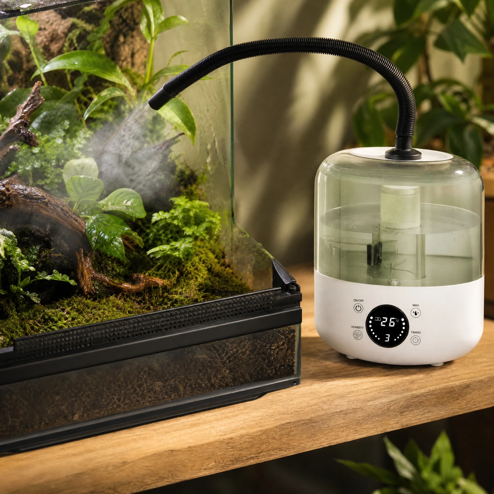 Cylindrical Mist-Generating Humidifier Timer-Equipped Humidifier with Flexible Hose Auto Shut-off Low-Noise for Reptile Owners