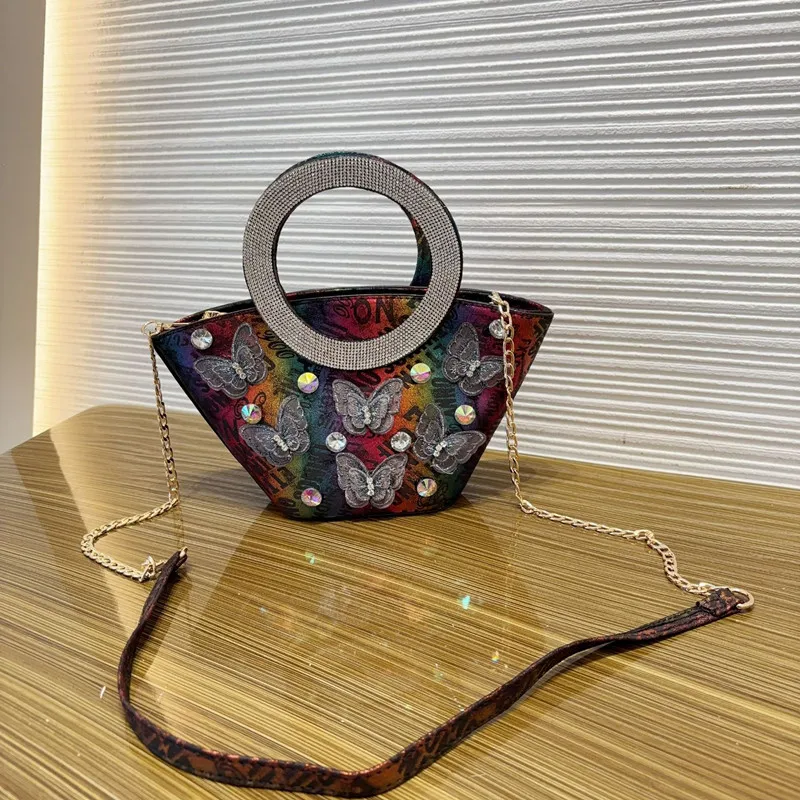 

2025 Brand Design Luxury Rhinestone Women Tote Bag 3D Butterfly Round Diamond Handle Retro Handbags High End Party Shoulder Bag