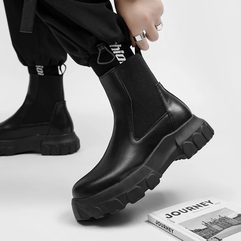 Men Boots Chelsea Genuine Leather Zip Platform Increasing Ankle Shoes Casual High Street Vintage Luxury Sneakers Gothic Owen view 3