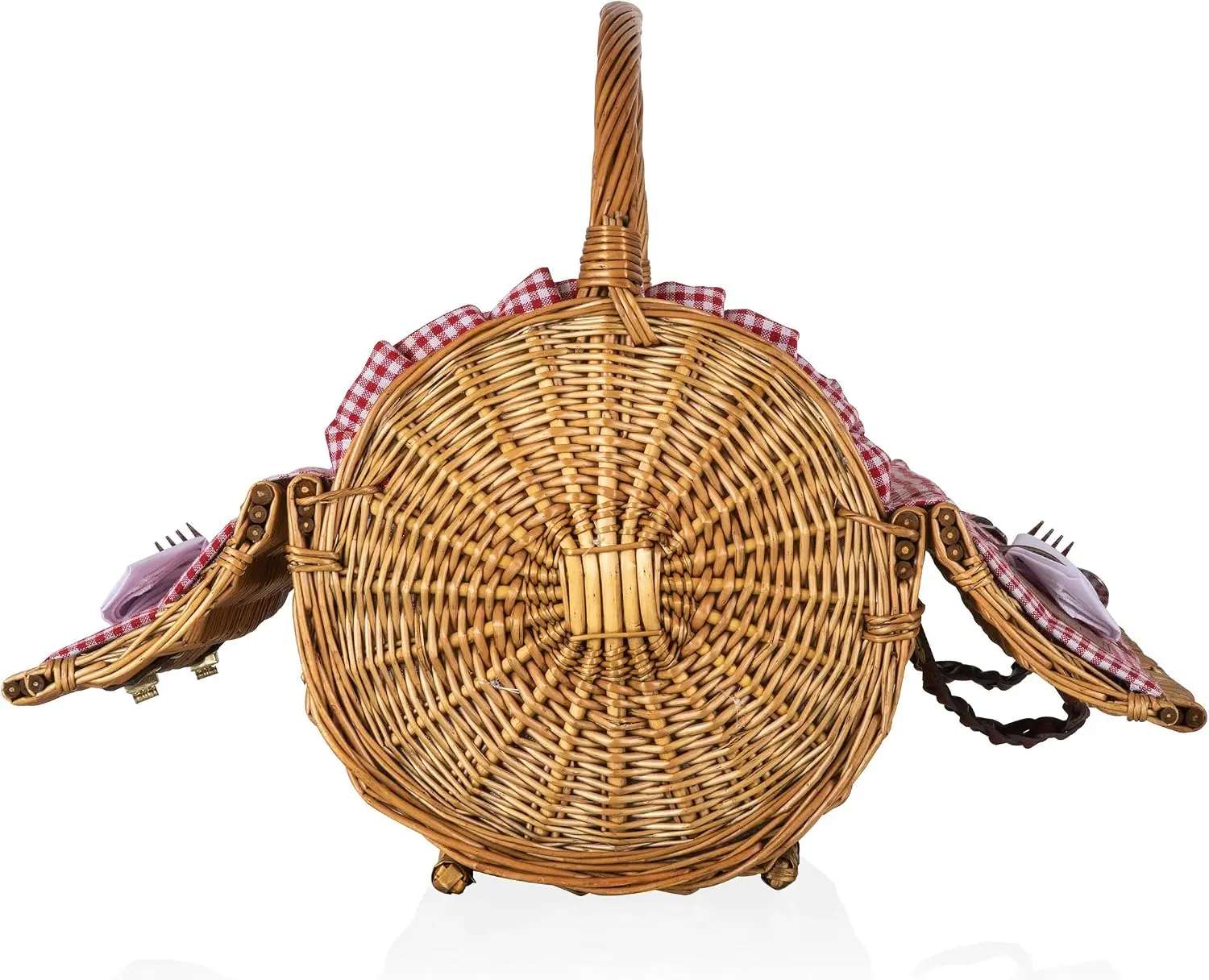 Romantic English Style Rounded Wicker Picnic Basket For Two, Hand Woven Barrel Shaped Wooden Picnic Suitcase With Complete Dining Service, Red And White Gingham Pattern view 2