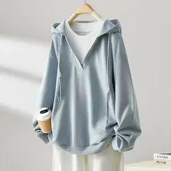 2023 New Spring and Autumn Minimalist Patchwork Color Contrast Long Sleeved Loose Casual Oversized Fake Two-piece Sweatshirt