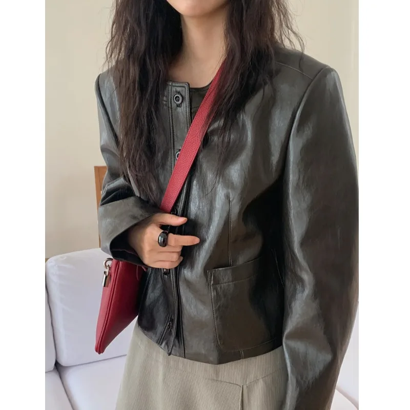 Casual Style Women's PU Leather Jacket Versatile Outerwear Short Length Long Sleeve Single Button Closure No Brand Chinese Made