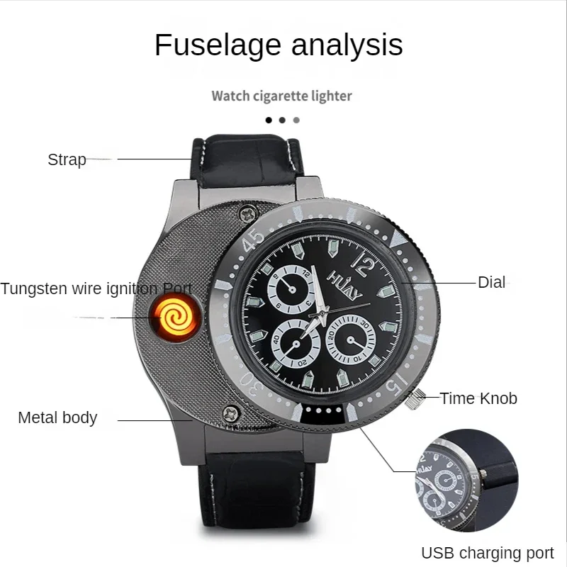 New Retro Men\'s Watch Tungsten Wire Lighter Creative USB Charging Reminder Light Windproof Electronic Cigarette Igniter