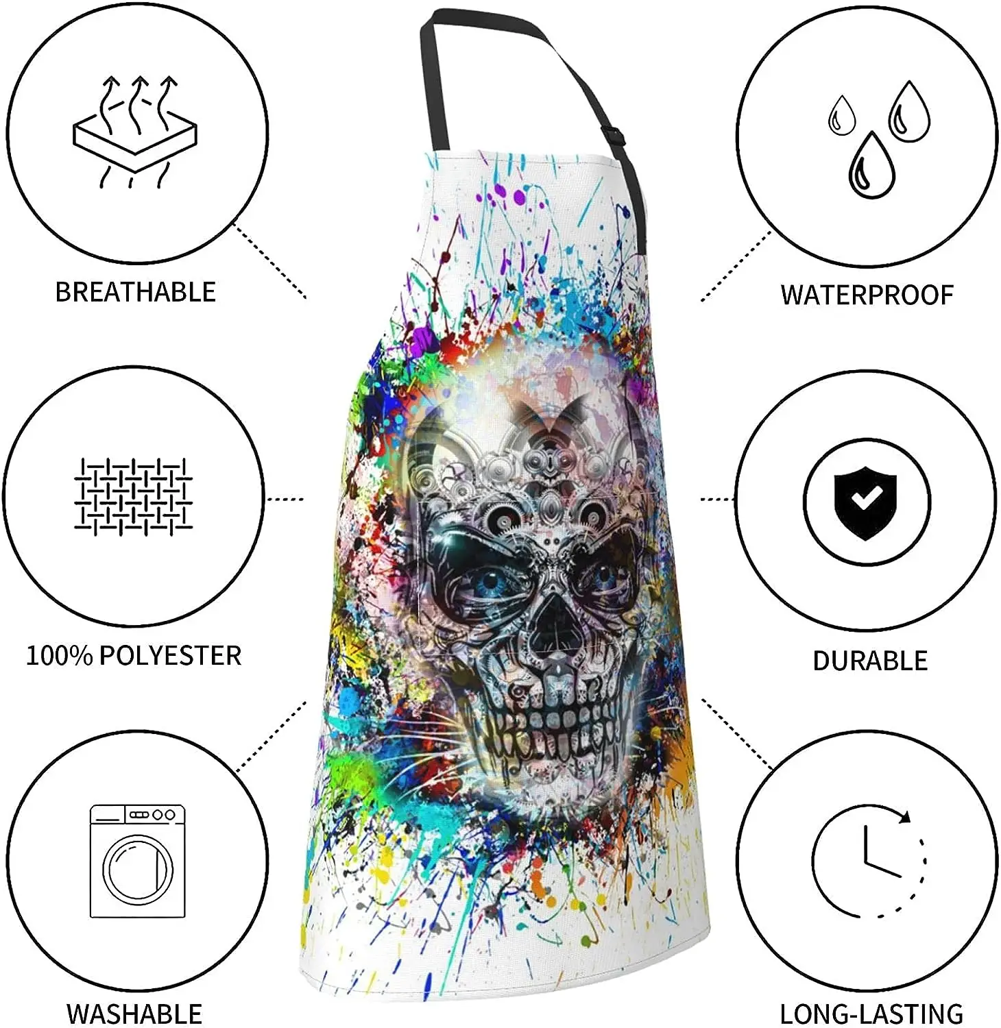 Halloween Skull Colorful Splash Waterproof Apron with 2 Pockets Kitchen Chef Bib for Men Women Cooking BBQ Drawing Gardening