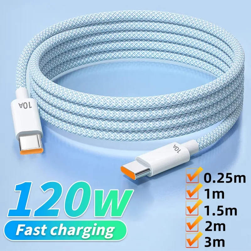 120W 10A Fast Charger for IPhone 16 15 Pro Max USB Type C Charger Cable for Xiaomi Huawei Samsung Dual Type C Data Transfer Line