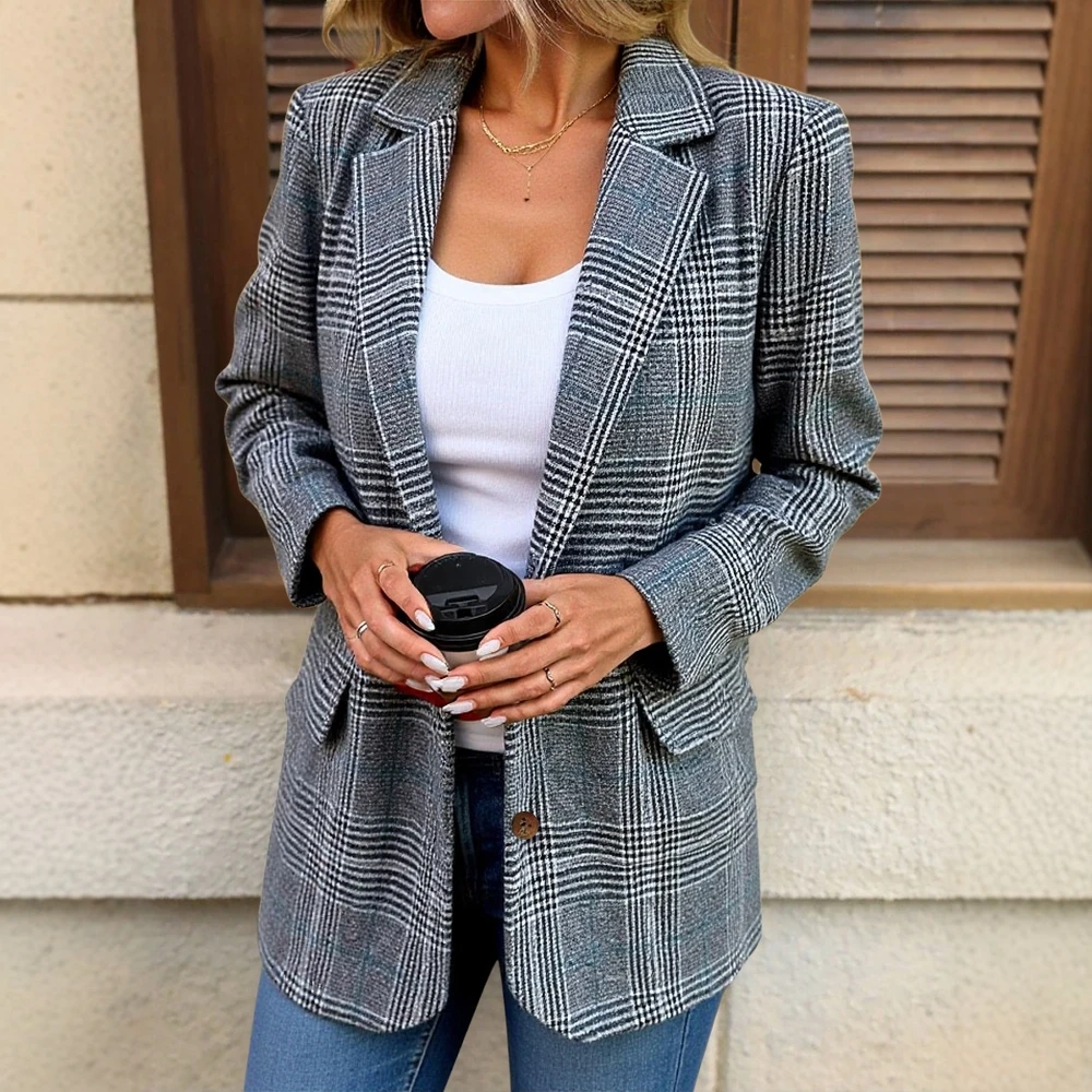 سترة نسائية 2025 متقلب رمادي أسود متباين كم طويل مفتوح من الأمام فضفاض مناسب طية صدر السترة ملابس خارجية متعددة الاستخدامات للمكتب #6