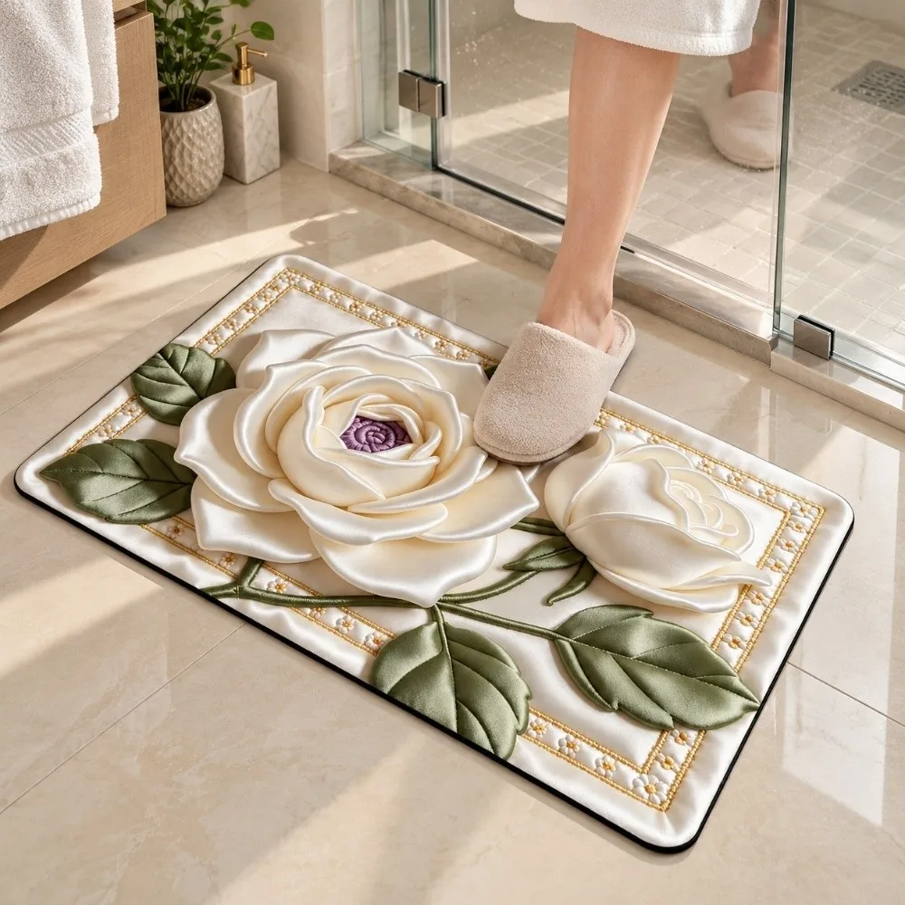 New Quick Dry Floral Pattern Rug Non Slip 40×60CM Bath DoorMat Lifelike Visuals Diatom Mud Bedroom Floor Mat Home Decor