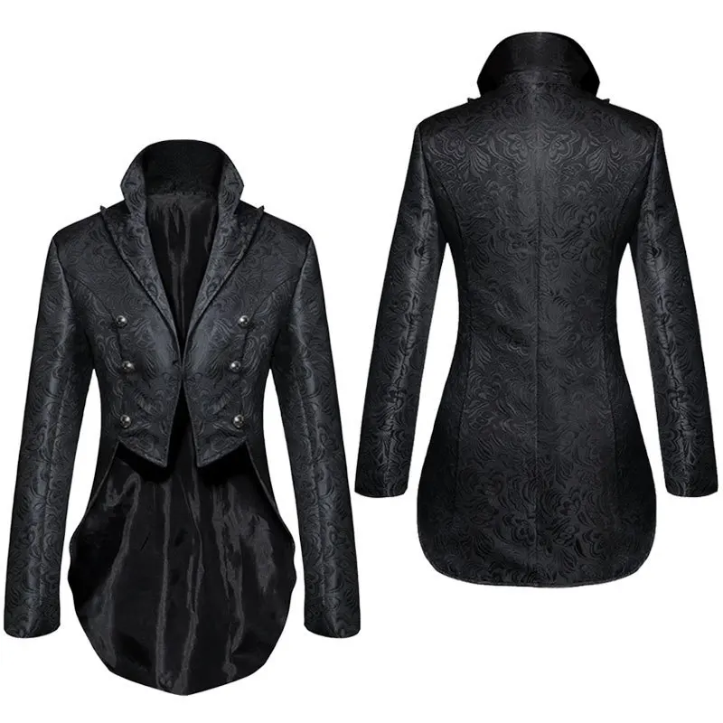 

Mens Gothic Jacquard Tailcoat Halloween Stage Show Costumes For Men Medieval Irregular Hem Steampunk Victorian Tailcoat Jacket