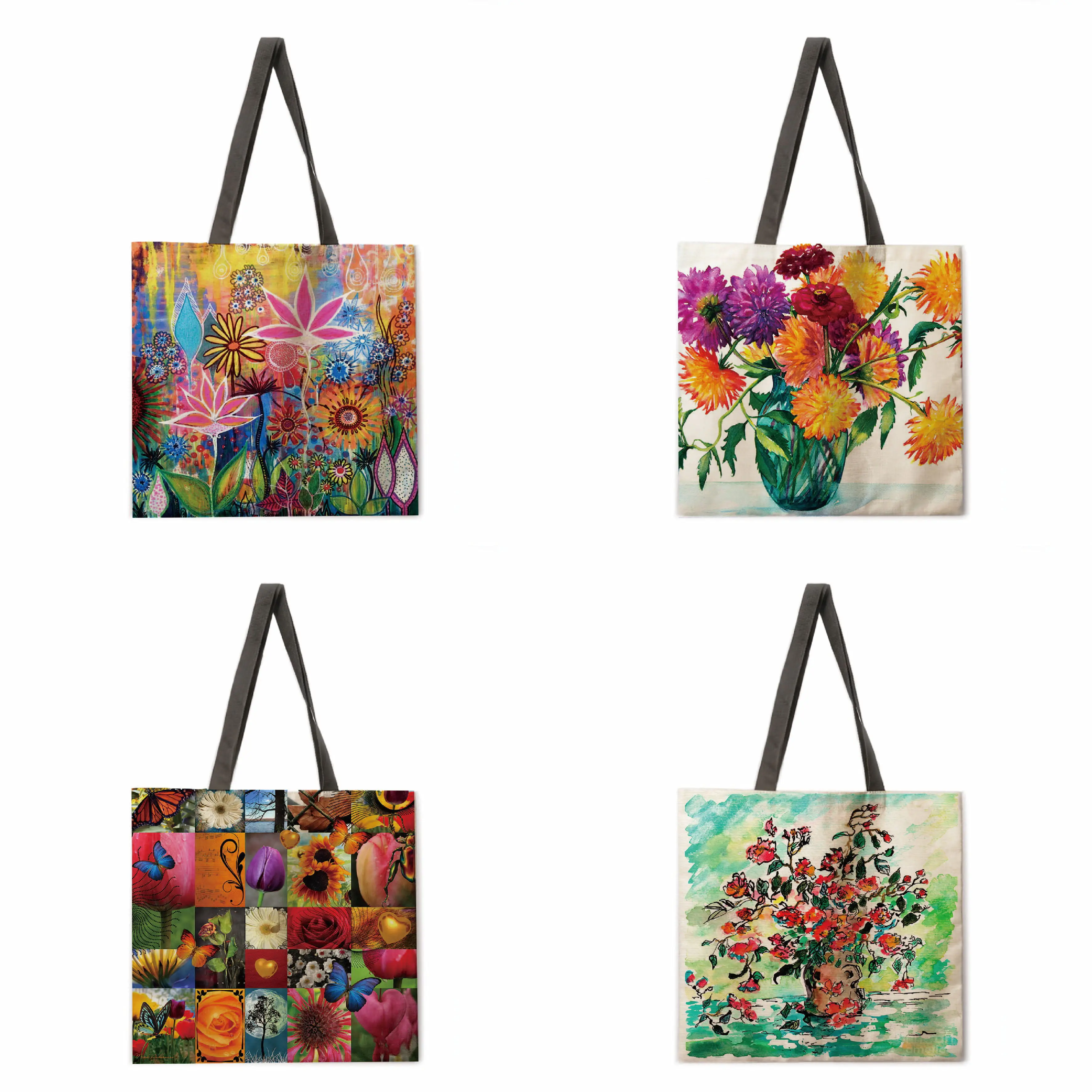 

Oil painting flower linen bag handbag lightweight shoulder bag large capacity environmentally friendly shopping bag handbag