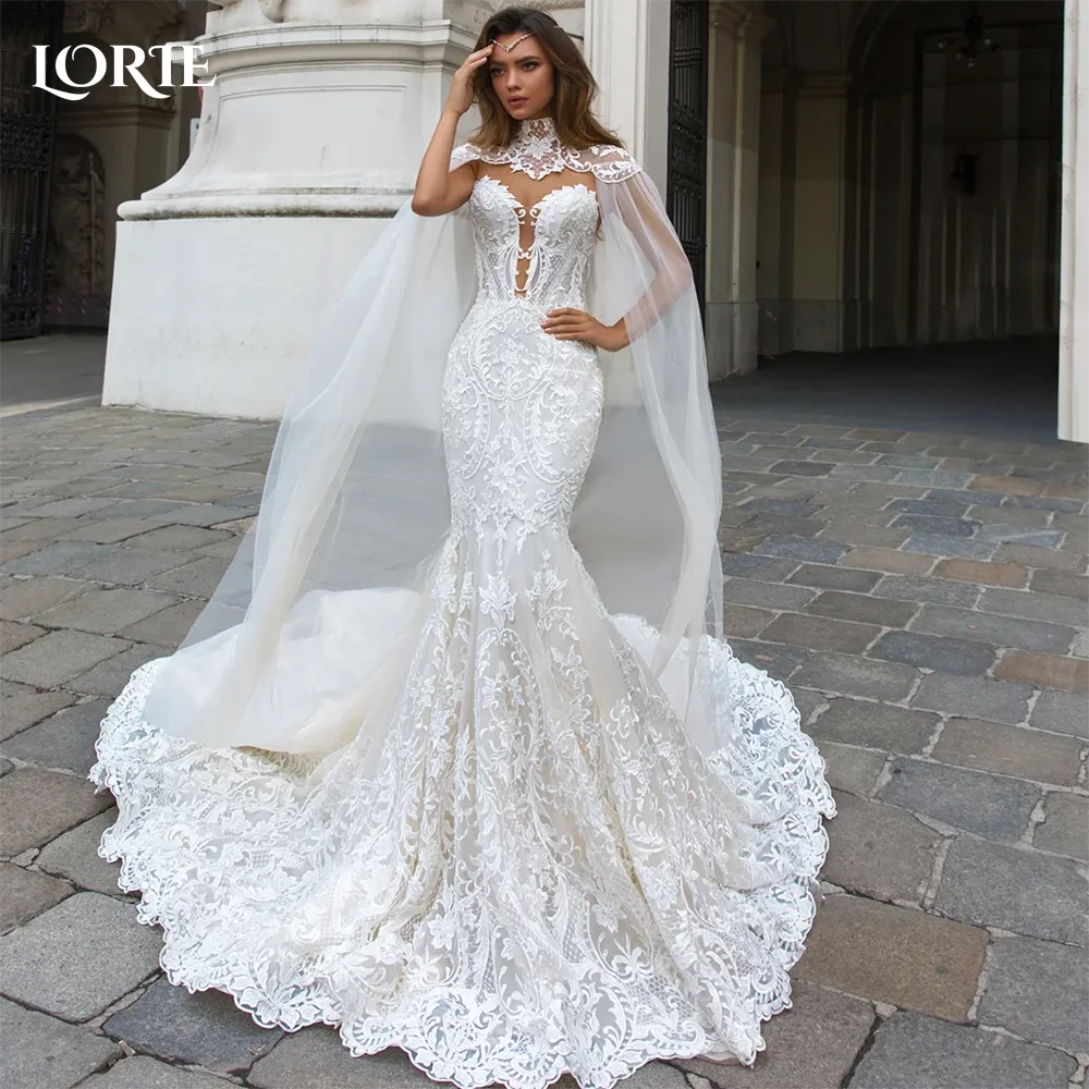 

LORIE Elegant Lace Mermaid Wedding Dresses Slit Appliques Strapless Shawl Luxury Cloak Bridal Gowns Customized Bride Dresses