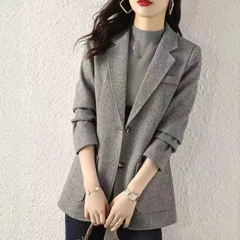 UNXX Spring Autumn British Style Herringbone Pattern Long Sleeves Blazer Suit Coat Retro Casual Loose Solid Woolen Blazers Coats