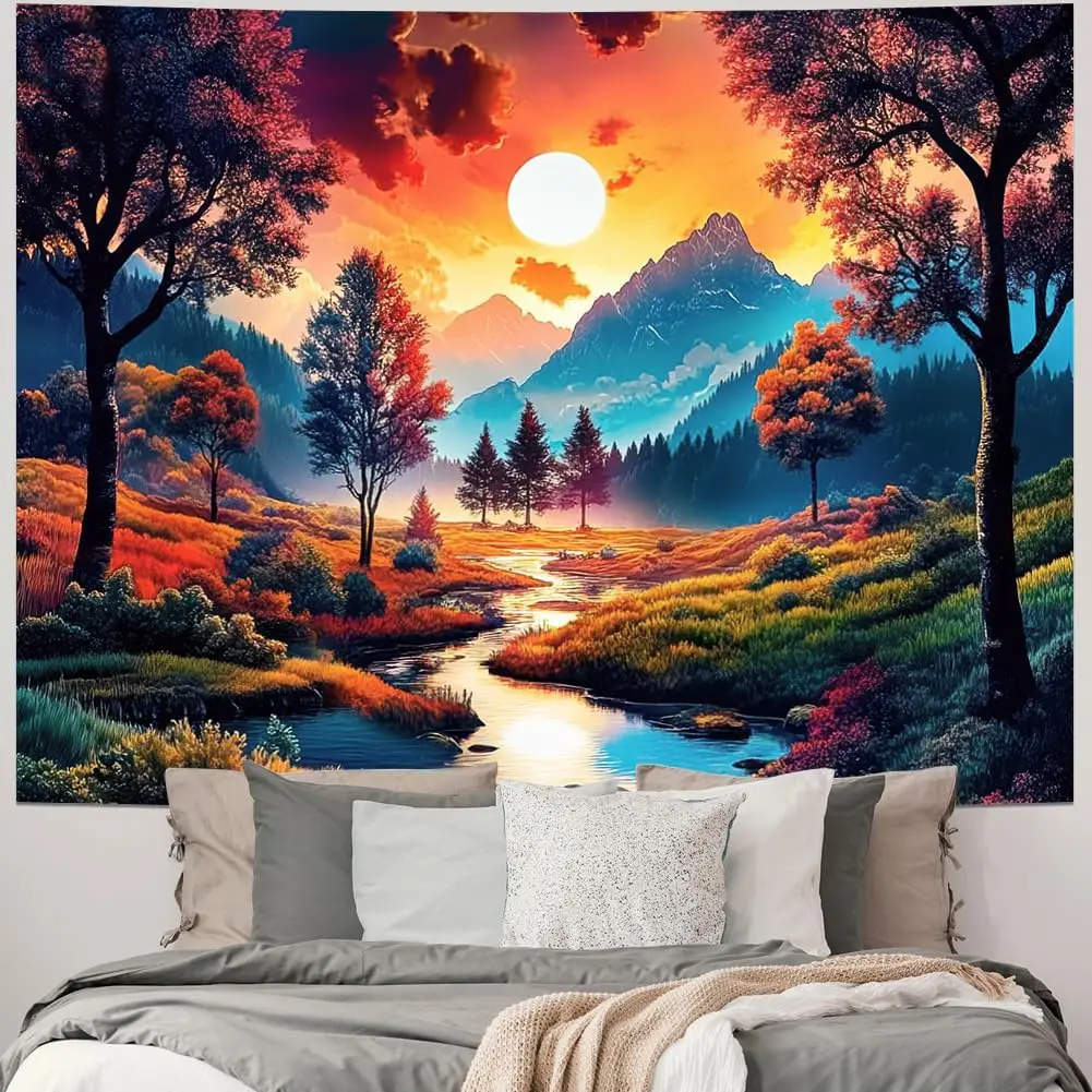 Sun Forest Mountain Tapestry Trippy Sun Tapestry Hippie Nature Landscape Tapestries Aesthetic Sunset Magic River Tapestries