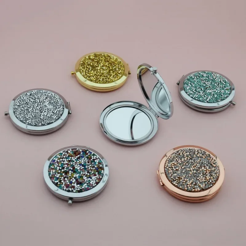 7cm Mini Blingbling kieszonkowe lusterko do makijażu diamentowe przenośne akcesoria do makijażu lusterko srebrne Rosegold kryształ górski okrągłe lustro dla kobiet w podróży