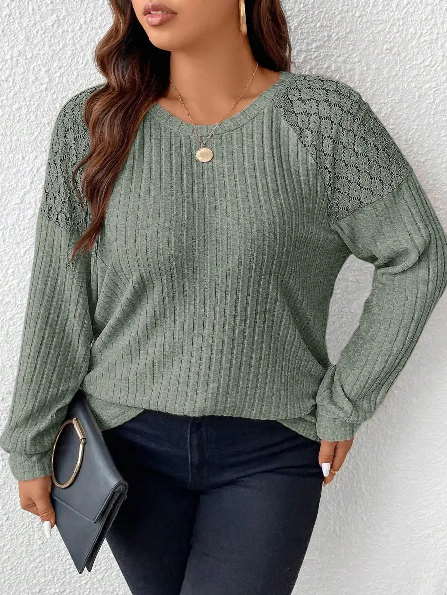 

Ribbed Knit Top With Lace Raglan Sleeve Women Loose Fit Tee